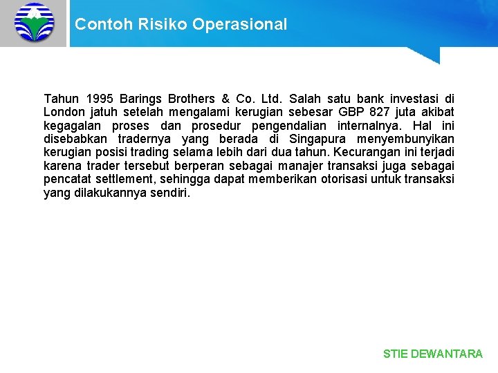 Contoh Risiko Operasional Tahun 1995 Barings Brothers & Co. Ltd. Salah satu bank investasi
