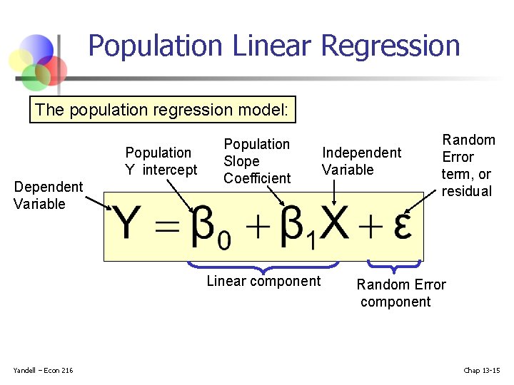 Population Linear Regression The population regression model: Population Y intercept Dependent Variable Population Slope Population Linear Regression The population regression model: Population Y intercept Dependent Variable Population Slope