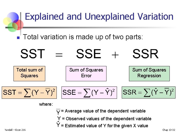Explained and Unexplained Variation n Total variation is made up of two parts: Total Explained and Unexplained Variation n Total variation is made up of two parts: Total
