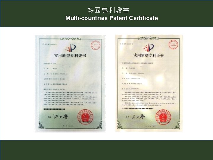 多國專利證書 Multi-countries Patent Certificate 