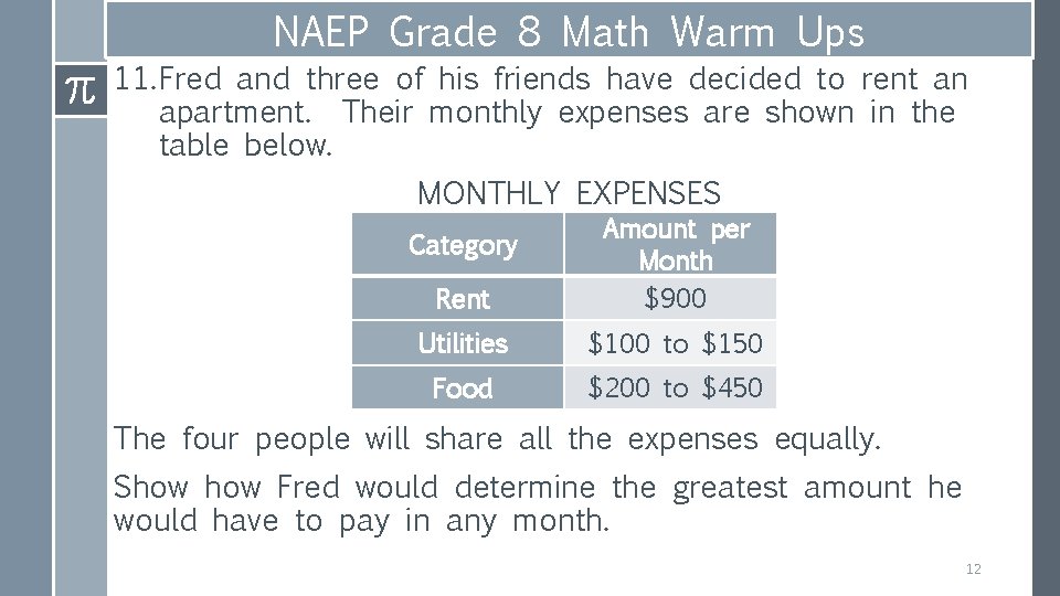 NAEP Grade 8 Math Warm Ups 11. Fred and three of his friends have