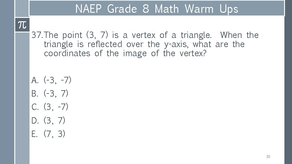 NAEP Grade 8 Math Warm Ups 37. The point (3, 7) is a vertex