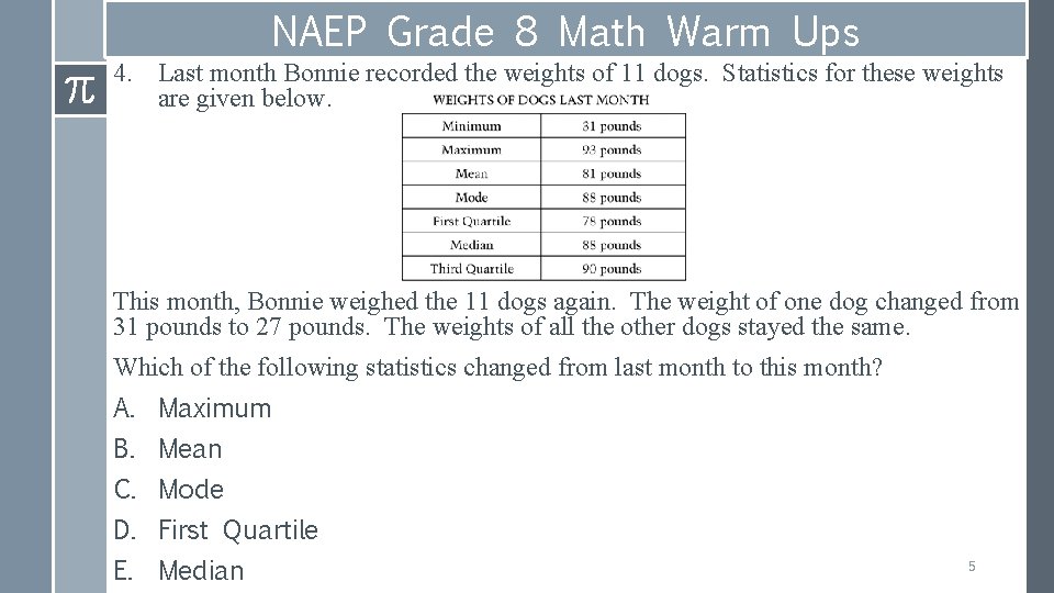 NAEP Grade 8 Math Warm Ups 4. Last month Bonnie recorded the weights of