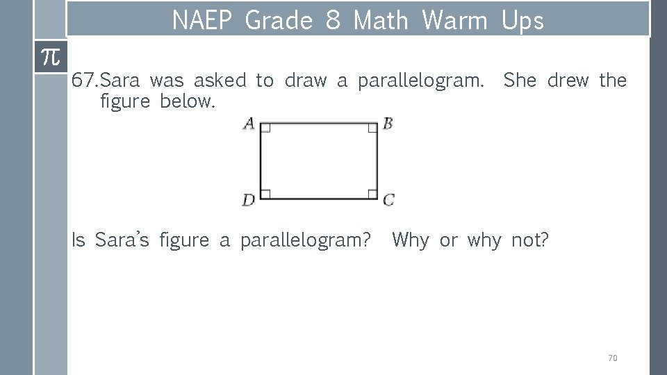 NAEP Grade 8 Math Warm Ups 67. Sara was asked to draw a parallelogram.