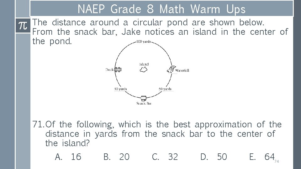 NAEP Grade 8 Math Warm Ups The distance around a circular pond are shown