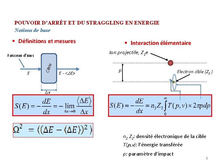 POUVOIR D’ARRÊT ET DU STRAGGLING EN ENERGIE Notions de base § Définitions et mesures