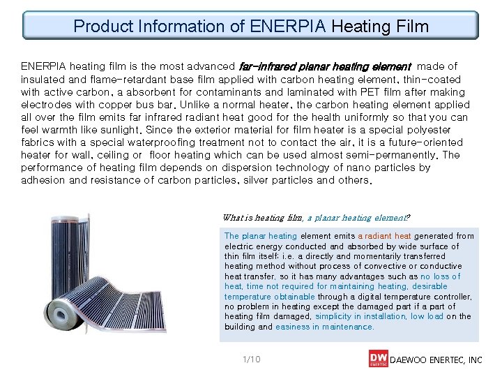 Product Information of ENERPIA Heating Film ENERPIA heating film is the most advanced far-infrared