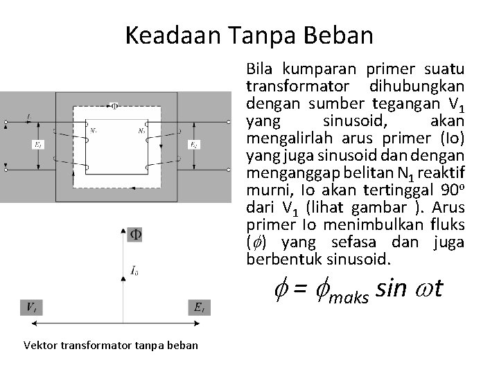 Keadaan Tanpa Beban Bila kumparan primer suatu transformator dihubungkan dengan sumber tegangan V 1