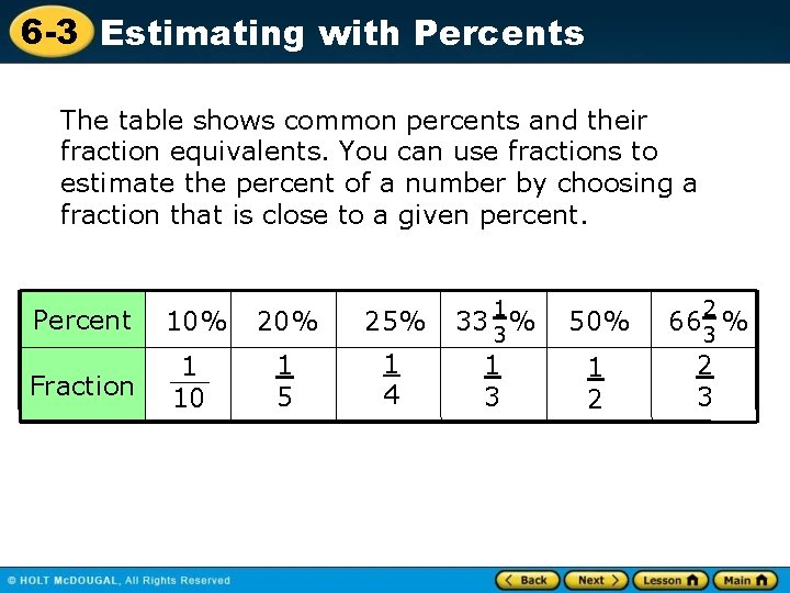 6 -3 Estimating with Percents The table shows common percents and their fraction equivalents.