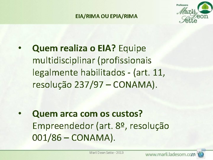 EIA/RIMA OU EPIA/RIMA • Quem realiza o EIA? Equipe multidisciplinar (profissionais legalmente habilitados -