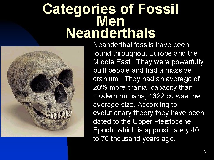 Categories of Fossil Men Neanderthals Neanderthal fossils have been found throughout Europe and the Categories of Fossil Men Neanderthals Neanderthal fossils have been found throughout Europe and the