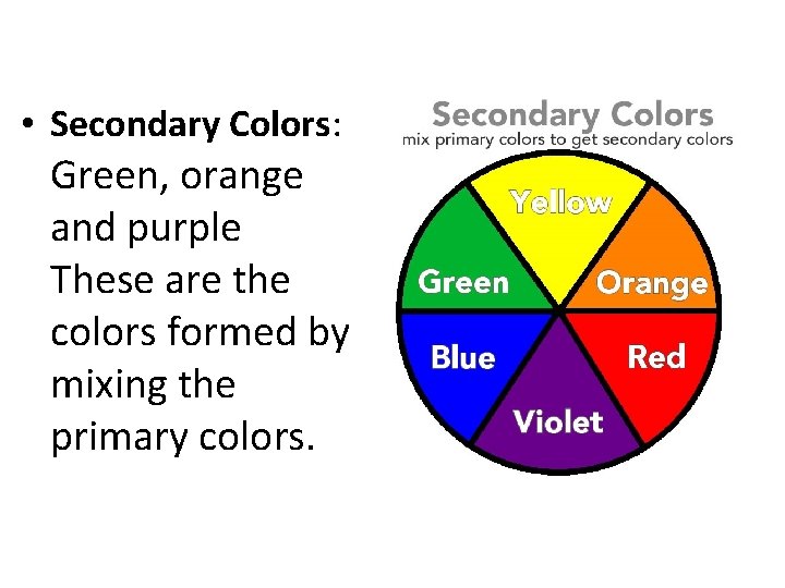  • Secondary Colors: Green, orange and purple These are the colors formed by