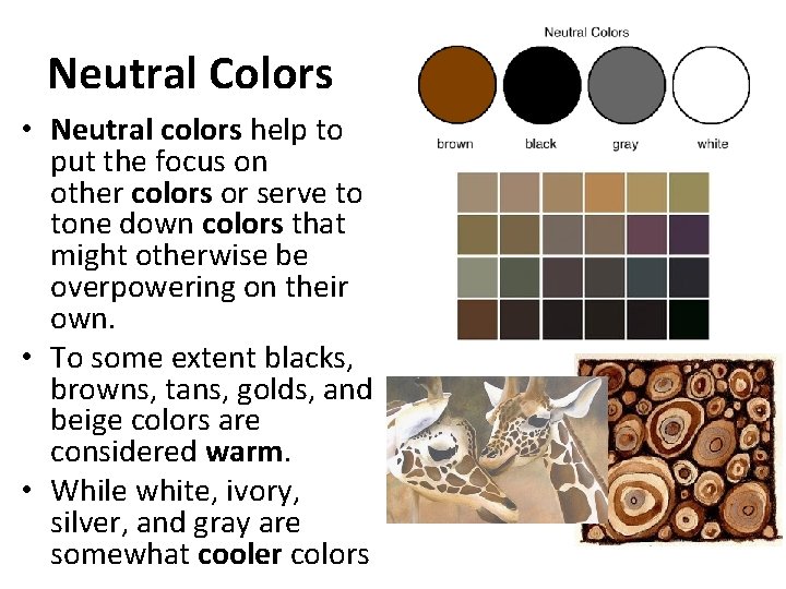 Neutral Colors • Neutral colors help to put the focus on other colors or