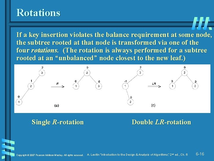 Rotations If a key insertion violates the balance requirement at some node, the subtree