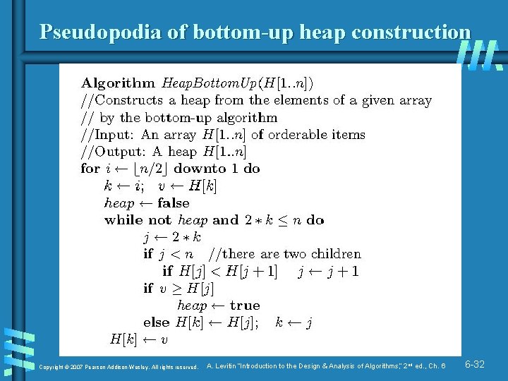 Pseudopodia of bottom-up heap construction Copyright © 2007 Pearson Addison-Wesley. All rights reserved. A.