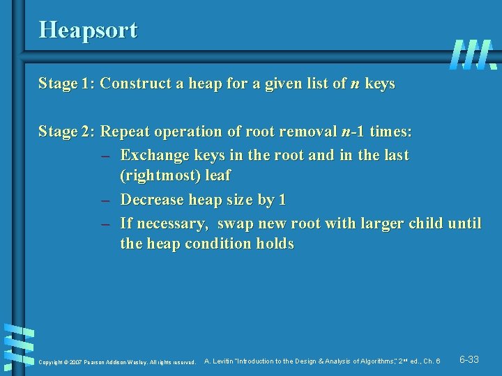Heapsort Stage 1: Construct a heap for a given list of n keys Stage