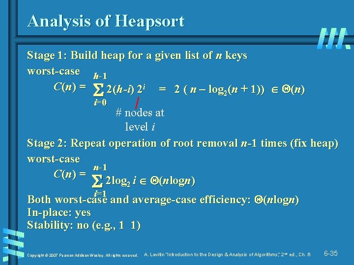 Analysis of Heapsort Stage 1: Build heap for a given list of n keys