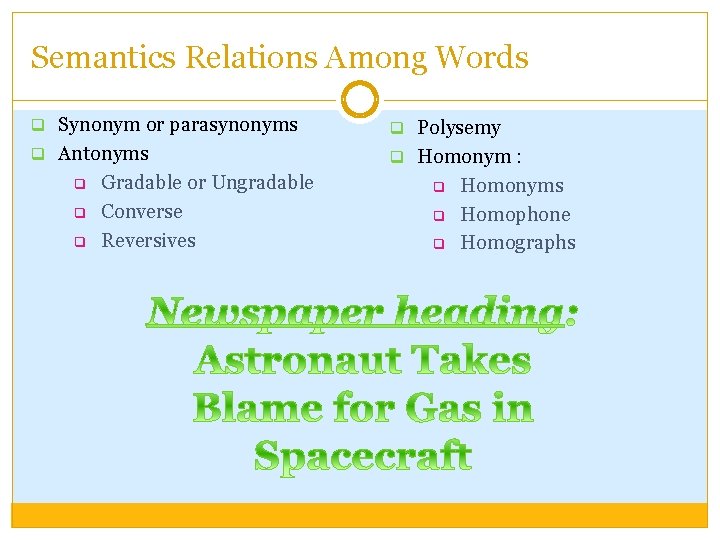 Semantics Relations Among Words q Synonym or parasynonyms q Polysemy q Antonyms q Homonym