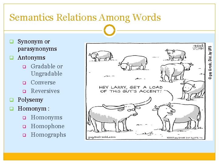 Semantics Relations Among Words q Synonym or parasynonyms q Antonyms q Gradable or Ungradable