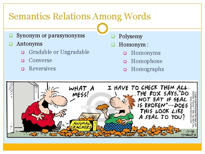 Semantics Relations Among Words q Synonym or parasynonyms q Polysemy q Antonyms q Homonym