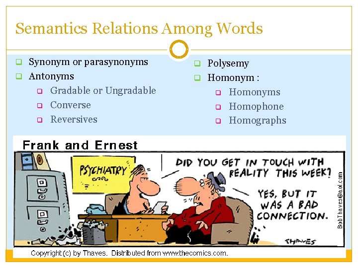 Semantics Relations Among Words q Synonym or parasynonyms q Polysemy q Antonyms q Homonym