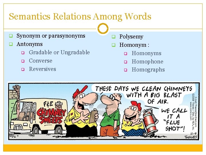 Semantics Relations Among Words q Synonym or parasynonyms q Polysemy q Antonyms q Homonym