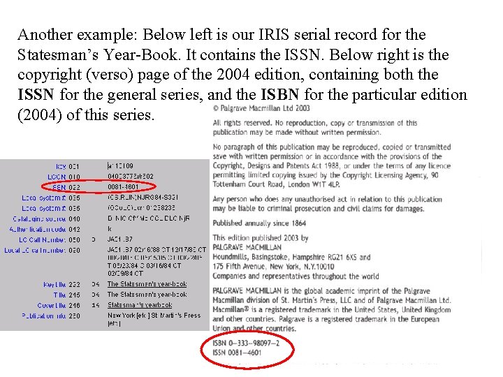 Another example: Below left is our IRIS serial record for the Statesman’s Year-Book. It
