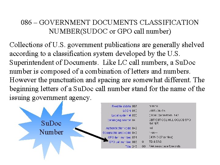086 – GOVERNMENT DOCUMENTS CLASSIFICATION NUMBER(SUDOC or GPO call number) Collections of U. S.