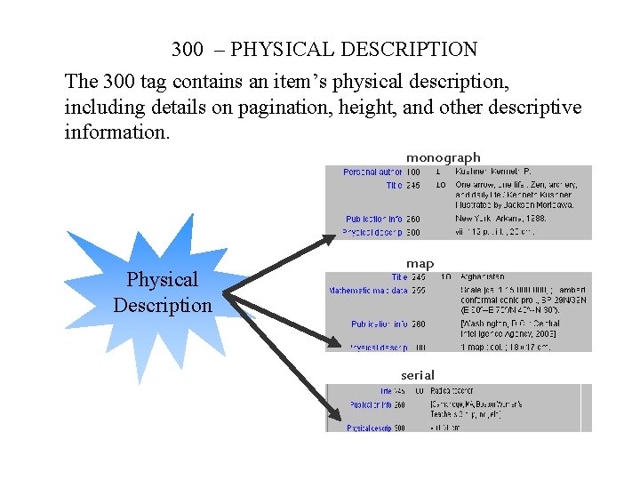 300 – PHYSICAL DESCRIPTION The 300 tag contains an item’s physical description, including details