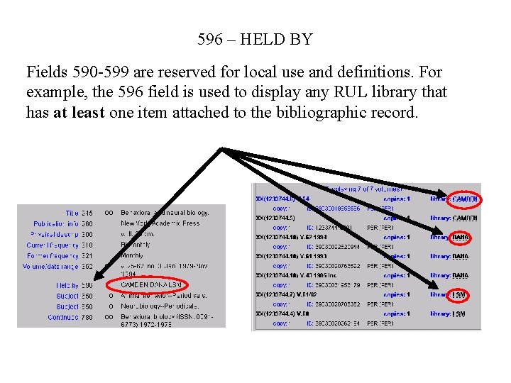 596 – HELD BY Fields 590 -599 are reserved for local use and definitions.