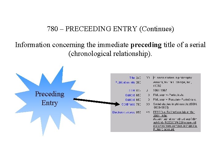 780 – PRECEEDING ENTRY (Continues) Information concerning the immediate preceding title of a serial