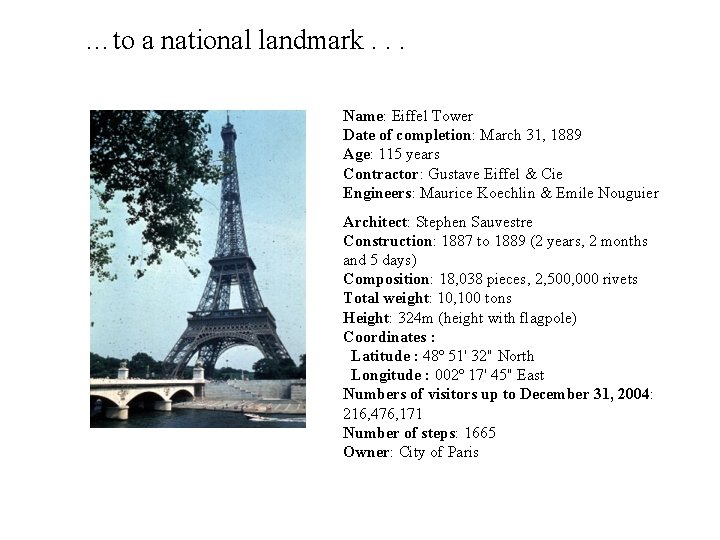 …to a national landmark. . . Name: Eiffel Tower Date of completion: March 31,