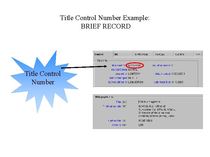 Title Control Number Example: BRIEF RECORD Title Control Number 