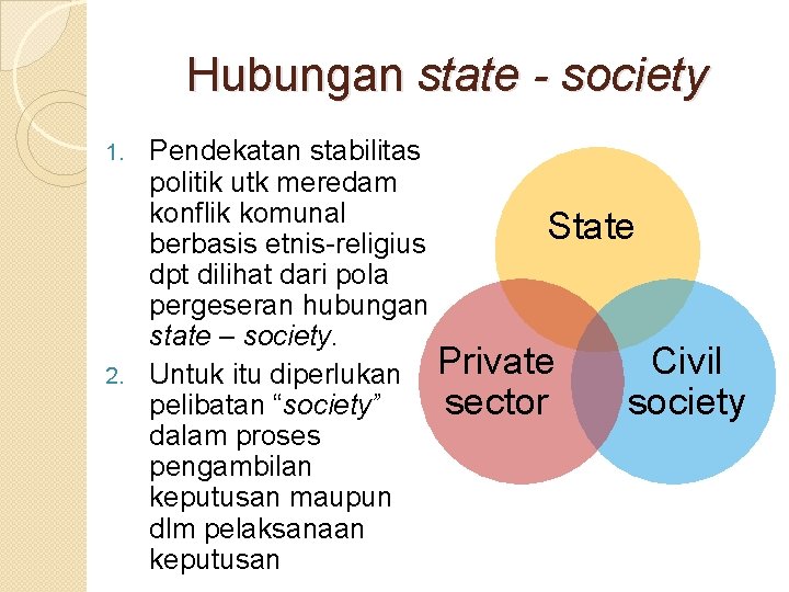 Hubungan state - society Pendekatan stabilitas politik utk meredam konflik komunal State berbasis etnis-religius