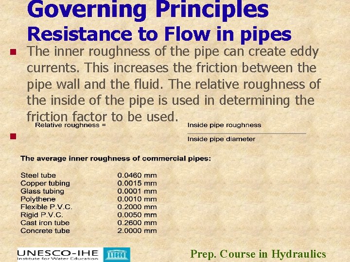 Governing Principles Resistance to Flow in pipes n n The inner roughness of the Governing Principles Resistance to Flow in pipes n n The inner roughness of the