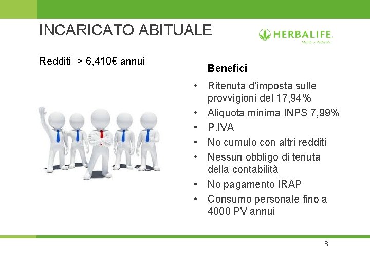 INCARICATO ABITUALE Redditi > 6, 410€ annui Benefici • Ritenuta d’imposta sulle provvigioni del