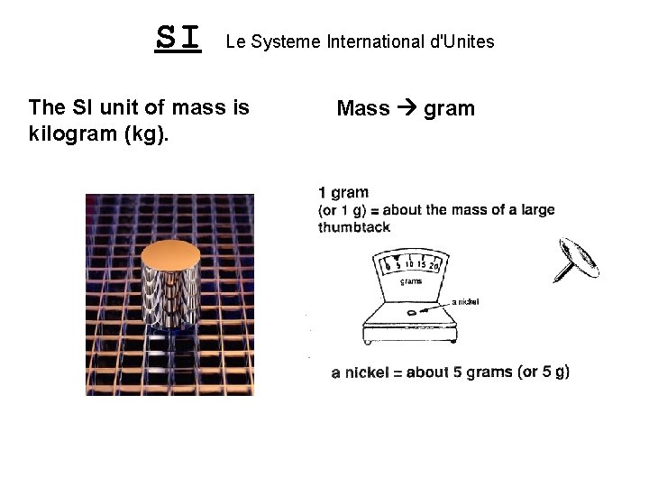 SI Le Systeme International d'Unites The SI unit of mass is kilogram (kg). Mass