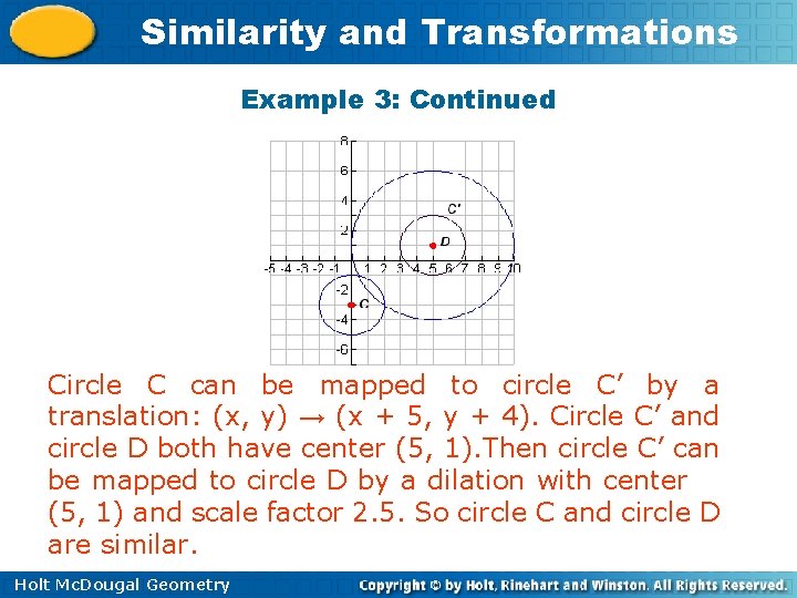 Similarity and Transformations Example 3: Continued Circle C can be mapped to circle C’