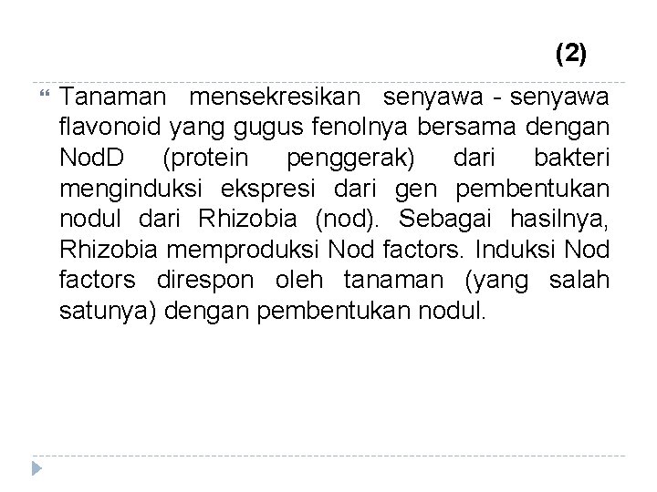 (2) Tanaman mensekresikan senyawa‐senyawa flavonoid yang gugus fenolnya bersama dengan Nod. D (protein penggerak)