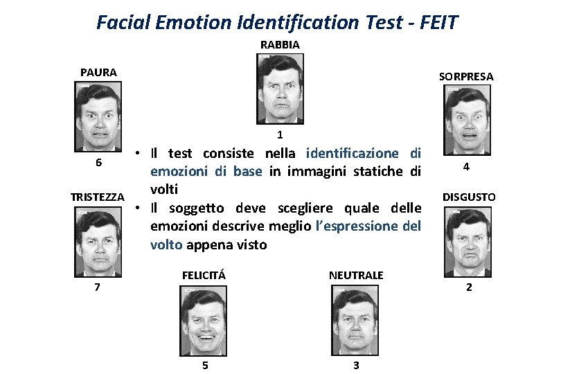 Facial Emotion Identification Test - FEIT RABBIA PAURA SORPRESA 1 6 TRISTEZZA 7 •