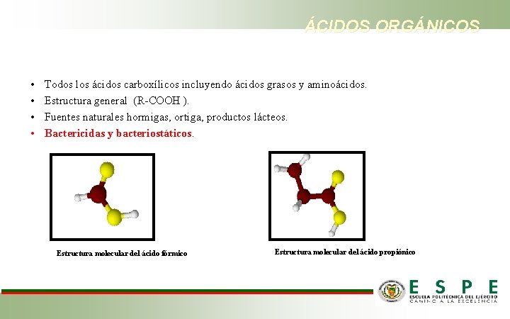 ÁCIDOS ORGÁNICOS • • Todos los ácidos carboxílicos incluyendo ácidos grasos y aminoácidos. Estructura