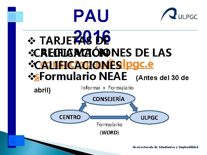 PAU 2016 v TARJETAS DE v. CALIFICACIÓN RECLAMACIONES DE LAS v. CALIFICACIONES contactopau@ulpgc. e