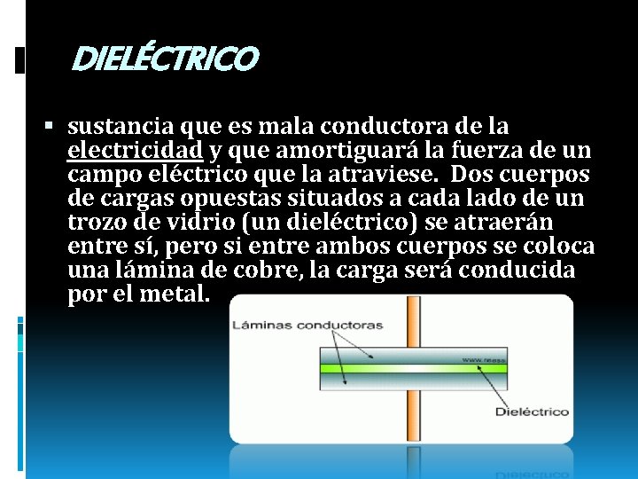 DIELÉCTRICO sustancia que es mala conductora de la electricidad y que amortiguará la fuerza