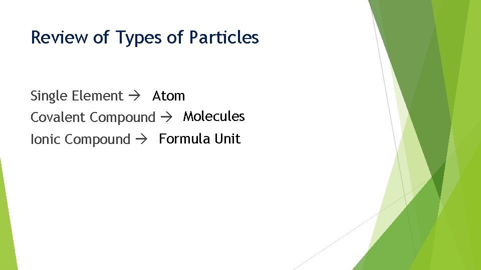 Review of Types of Particles Single Element Atom Covalent Compound Molecules Ionic Compound Formula