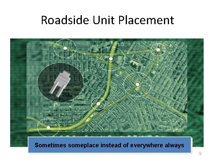 Roadside Unit Placement Sometimes someplace instead of everywhere always 31 Roadside Unit Placement Sometimes someplace instead of everywhere always 31