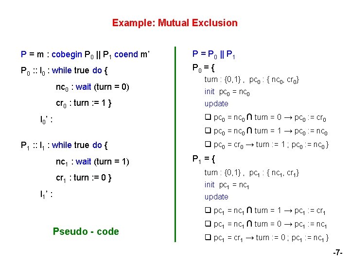 Example: Mutual Exclusion P = m : cobegin P 0 || P 1 coend
