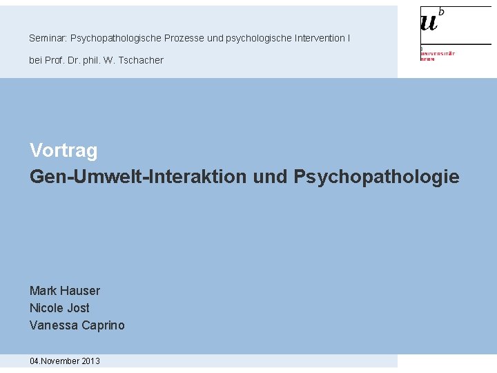 Seminar: Psychopathologische Prozesse und psychologische Intervention I bei Prof. Dr. phil. W. Tschacher Vortrag