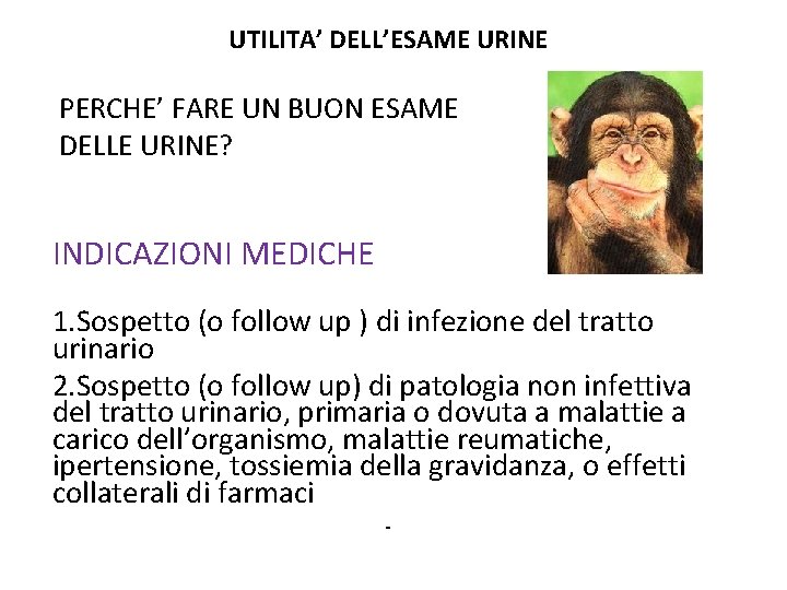 UTILITA’ DELL’ESAME URINE PERCHE’ FARE UN BUON ESAME DELLE URINE? INDICAZIONI MEDICHE 1. Sospetto