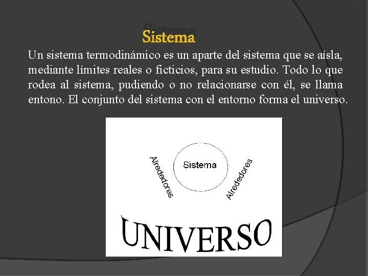 Sistema Un sistema termodinámico es un aparte del sistema que se aísla, mediante límites