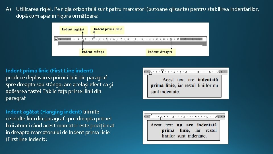 A) Utilizarea riglei. Pe rigla orizontală sunt patru marcatori (butoane glisante) pentru stabilirea indentărilor,